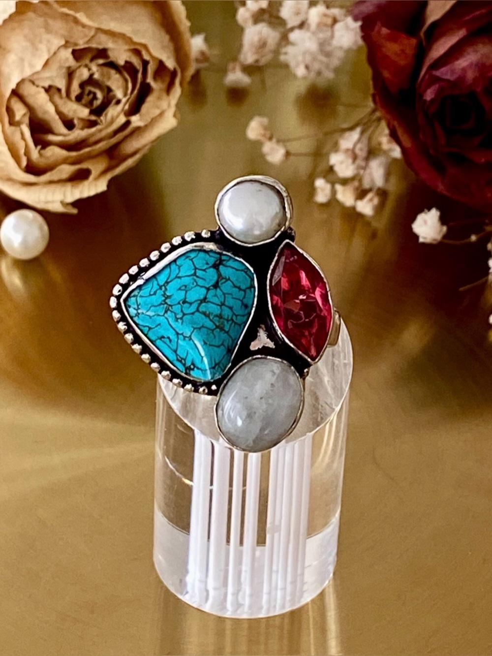 Turquoise, Moonstone, Pearl, Pink Topaz Ring Size 8